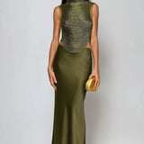 Draped High Neck Top and Satin Maxi Skirt Two-Piece Set