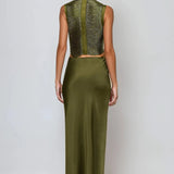 Draped High Neck Top and Satin Maxi Skirt Two-Piece Set