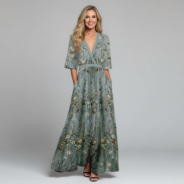 Embroidered Floral V-Neck Maxi Dress - Holiday and Wedding Guest Summer Dress
