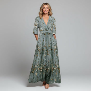 Embroidered Floral V-Neck Maxi Dress - Holiday and Wedding Guest Summer Dress