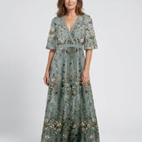 Embroidered Floral V-Neck Maxi Dress - Holiday and Wedding Guest Summer Dress
