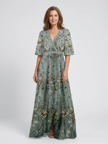 Embroidered Floral V-Neck Maxi Dress - Holiday and Wedding Guest Summer Dress