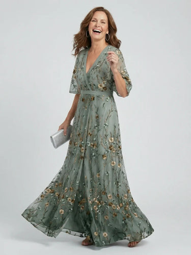 Embroidered Floral V-Neck Maxi Dress - Holiday and Wedding Guest Summer Dress