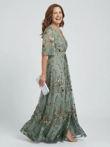 Embroidered Floral V-Neck Maxi Dress - Holiday and Wedding Guest Summer Dress