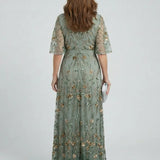 Embroidered Floral V-Neck Maxi Dress - Holiday and Wedding Guest Summer Dress