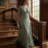 Embroidered Floral V-Neck Maxi Dress - Holiday and Wedding Guest Summer Dress