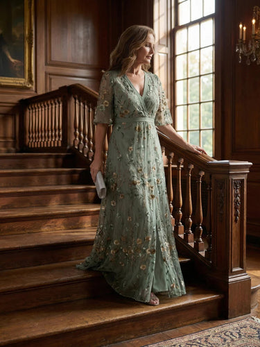 Embroidered Floral V-Neck Maxi Dress - Holiday and Wedding Guest Summer Dress