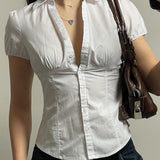 White Vintage Slim Waist V Neck Short Sleeve Shirt 1