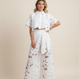 Floral Lace Cut-Out Cropped Shirt and Wide-Leg Trousers Set
