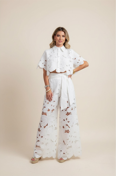 Floral Lace Cut-Out Cropped Shirt and Wide-Leg Trousers Set