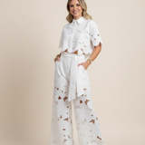 Floral Lace Cut-Out Cropped Shirt and Wide-Leg Trousers Set