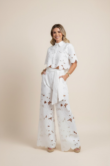 Floral Lace Cut-Out Cropped Shirt and Wide-Leg Trousers Set