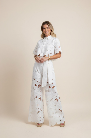 Floral Lace Cut-Out Cropped Shirt and Wide-Leg Trousers Set
