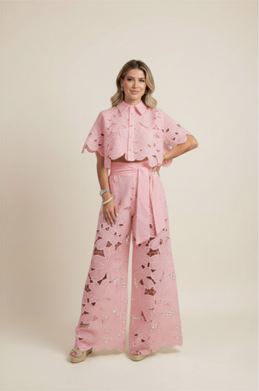 Floral Lace Cut-Out Cropped Shirt and Wide-Leg Trousers Set