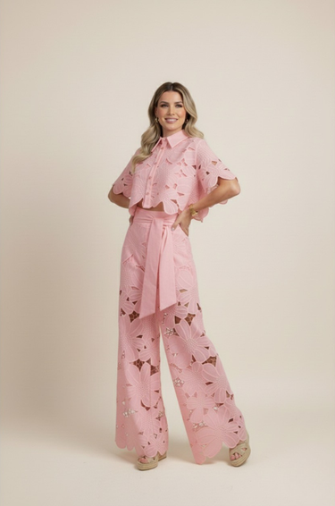 Floral Lace Cut-Out Cropped Shirt and Wide-Leg Trousers Set