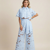 Floral Lace Cut-Out Cropped Shirt and Wide-Leg Trousers Set