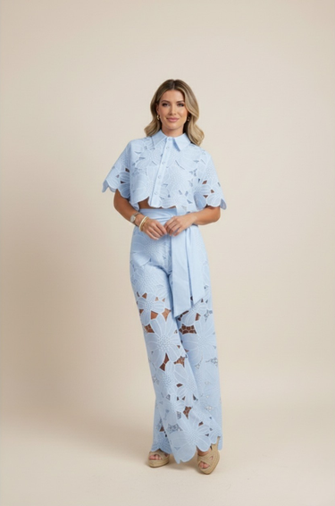 Floral Lace Cut-Out Cropped Shirt and Wide-Leg Trousers Set