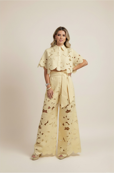 Floral Lace Cut-Out Cropped Shirt and Wide-Leg Trousers Set