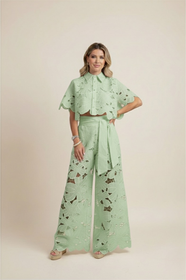 Floral Lace Cut-Out Cropped Shirt and Wide-Leg Trousers Set
