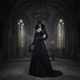 Gothic Vampire Costume Halloween Hooded Black Dress With Lace Choker Pendant And Gloves - Image 1