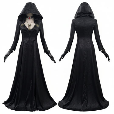 Gothic Vampire Costume Halloween Hooded Black Dress With Lace Choker Pendant And Gloves - Image 2