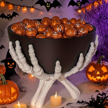 Halloween Candy Bowl With White Skeleton Hands Plastic Matte Black Design Detachable Components For Indoor Seasonal Use And Decor - Image 3