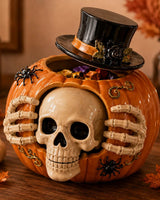 Halloween Candy Jar Skull Pumpkin Candy Jar With Top Hat And Skeleton Hands Open Container Design For Storing Treats - Image 2