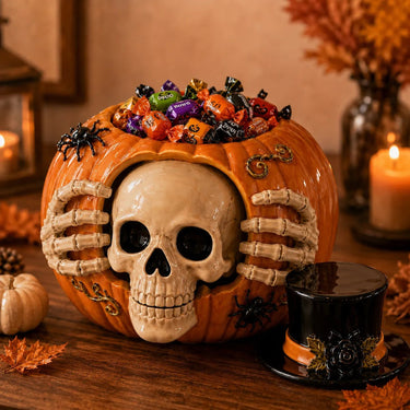 Halloween Candy Jar Skull Pumpkin Candy Jar With Top Hat And Skeleton Hands Open Container Design For Storing Treats - Image 3