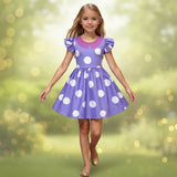 Halloween Costume For Purple Polka Dot Princess With Flutter Sleeves And A-Line Silhouette Easy Slip-On Design For All-Day Wear - Image 1