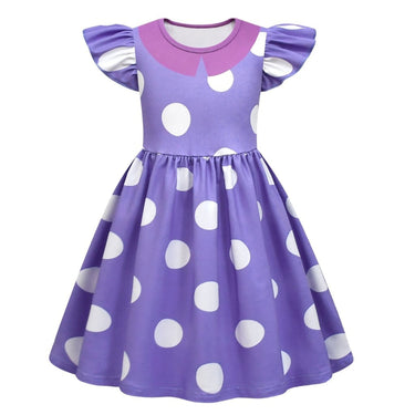 Halloween Costume For Purple Polka Dot Princess With Flutter Sleeves And A-Line Silhouette Easy Slip-On Design For All-Day Wear - Image 3