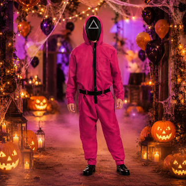Halloween Party Costume Pink Jumpsuit With Hood And Belt For Complete Outfit In One Vibrant Hooded With Practical Chest And Side Pockets - Image 1