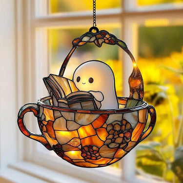 Halloween Suncatcher Ghost Window Decoration With Book Design Sunlight-Reactive Color Effect Hanging Teacup Shape Halloween Decor - Image 2
