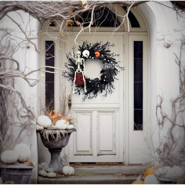 Halloween Wreath Gothic Skeleton Pumpkin Door Decor Wall Hanging Ready - Image 6