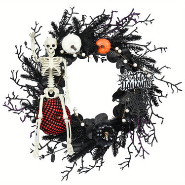 Halloween Wreath Gothic Skeleton Pumpkin Door Decor Wall Hanging Ready - Image 4