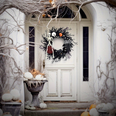 Halloween Wreath Gothic Skeleton Pumpkin Door Decor Wall Hanging Ready - Image 3