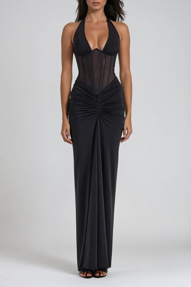 Halter Neck Corset Bodice Ruched Maxi Dress