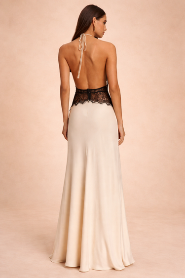 Halter Neck Satin Maxi Dress with Lace Waist Panel