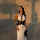 Halter Neck Satin Maxi Dress with Lace Waist Panel