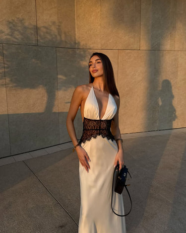 Halter Neck Satin Maxi Dress with Lace Waist Panel
