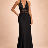Halter Neck Satin Maxi Dress with Lace Waist Panel