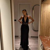 Halter Neck Satin Maxi Dress with Lace Waist Panel