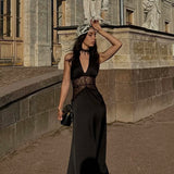 Halter Neck Satin Maxi Dress with Lace Waist Panel