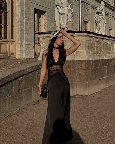 Halter Neck Satin Maxi Dress with Lace Waist Panel