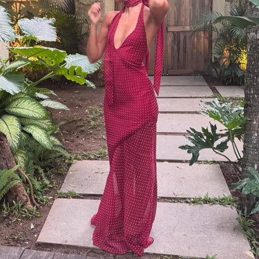 hirigin Women Halter Deep V Neck Backless Maxi Dress Low Cut Polka Dot Flowy Long Dress Tie Up Open Back Maxi Dress with Scarf 5