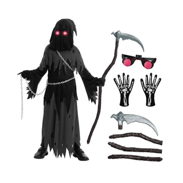 Kids Halloween Costume Grim Reaper Hooded Robe Set With Glowing Eyes And Complete Accessory Kit - Image 4