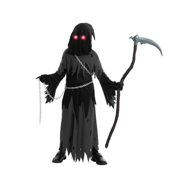 Kids Halloween Costume Grim Reaper Hooded Robe Set With Glowing Eyes And Complete Accessory Kit - Image 6