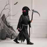 Kids Halloween Costume Grim Reaper Hooded Robe Set With Glowing Eyes And Complete Accessory Kit - Image 1