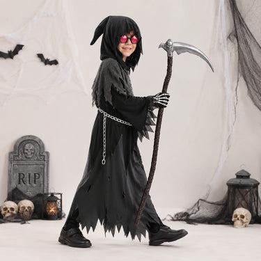 Kids Halloween Costume Grim Reaper Hooded Robe Set With Glowing Eyes And Complete Accessory Kit - Image 2