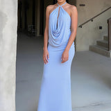kliou Vacation New Women 2 Piece Set Hipster Solid Swinging Pleated Sexy Backless Tops+Straight Maxi Skirts Female Simple Outfit 1