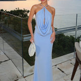 kliou Vacation New Women 2 Piece Set Hipster Solid Swinging Pleated Sexy Backless Tops+Straight Maxi Skirts Female Simple Outfit 3